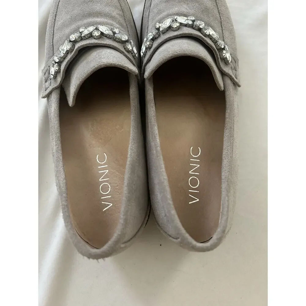 Vionic Avvy Suede Rhinestone Loafers Size 6 Light Gray Comfort Preppy